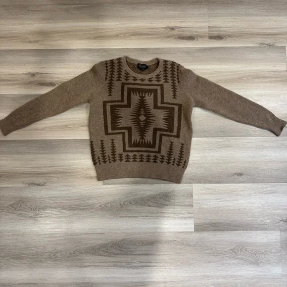 Pendleton Harding Southwestern Geometric Tan Brown Wool Sweater Women’s Medium - Picture 2 of 9
